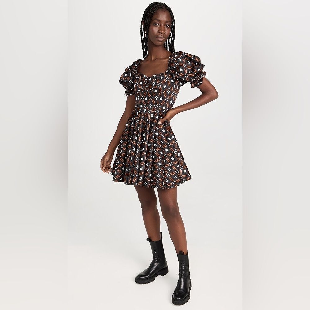 NWOT Autumn Adeigbo Camille Diamond Print Puff Sleeve Lace Up Back Mini Dress 8 - Picture 4 of 16